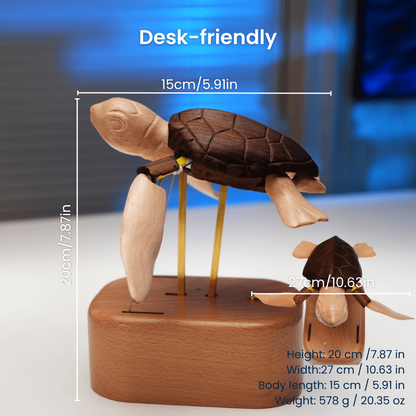 Handcrafted Wooden Sea Turtle Automaton | Kinetic Ocean Art & Moving Desk Decor