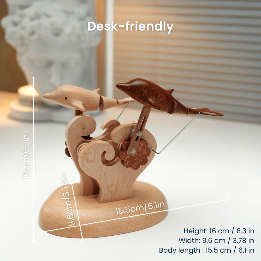 Handcrafted Wooden Dolphin Automaton | Kinetic Ocean Art for Desk Decor