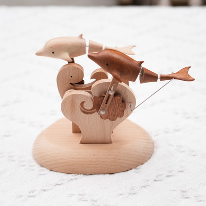 Handcrafted Wooden Dolphin Automaton | Kinetic Ocean Art for Desk Decor