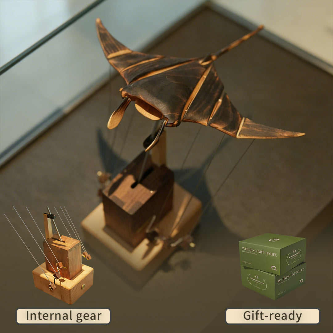 Handcrafted Wooden Manta Ray Automaton — Kinetic Desk Sculpture | CHAMELEON