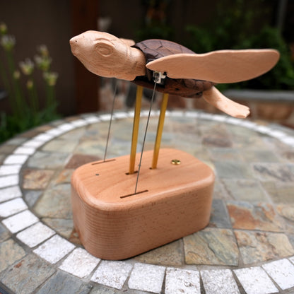 Handcrafted Wooden Sea Turtle Automaton | Kinetic Ocean Art & Moving Desk Decor