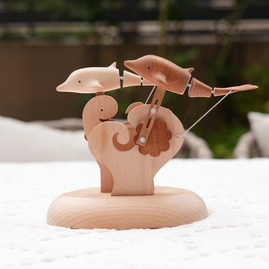 Handcrafted Wooden Dolphin Automaton | Kinetic Ocean Art for Desk Decor