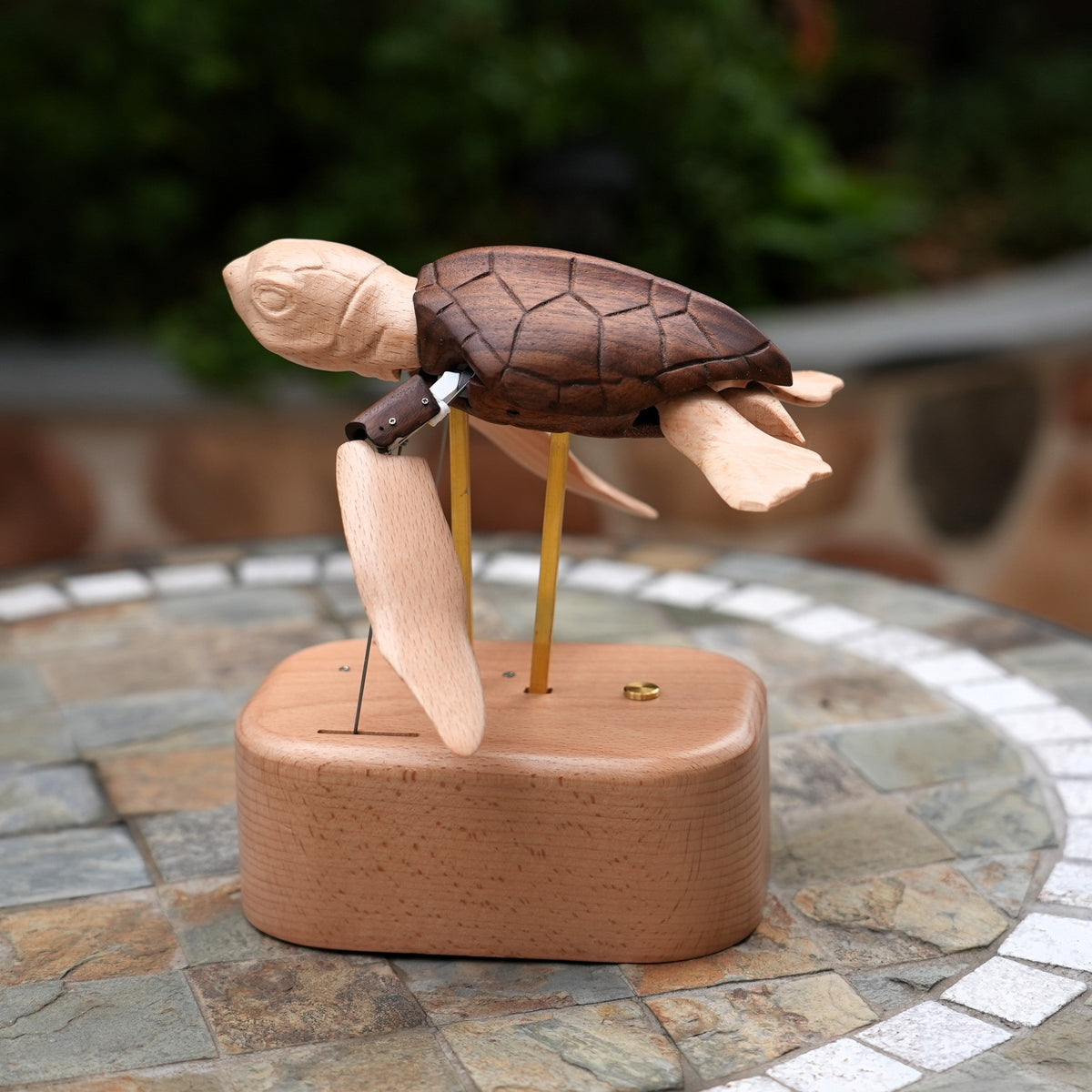 Handcrafted Wooden Sea Turtle Automaton | Kinetic Ocean Art & Moving Desk Decor