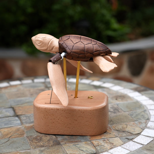 Handcrafted Wooden Sea Turtle Automaton | Kinetic Ocean Art & Moving Desk Decor