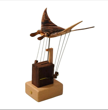 Handcrafted Wooden Manta Ray Automaton — Kinetic Desk Sculpture | CHAMELEON